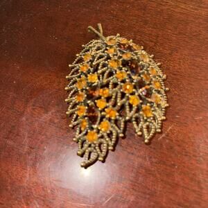Vintage Gold tone Amber And Garnet Rhinestones Double Twig Leaf Brooch